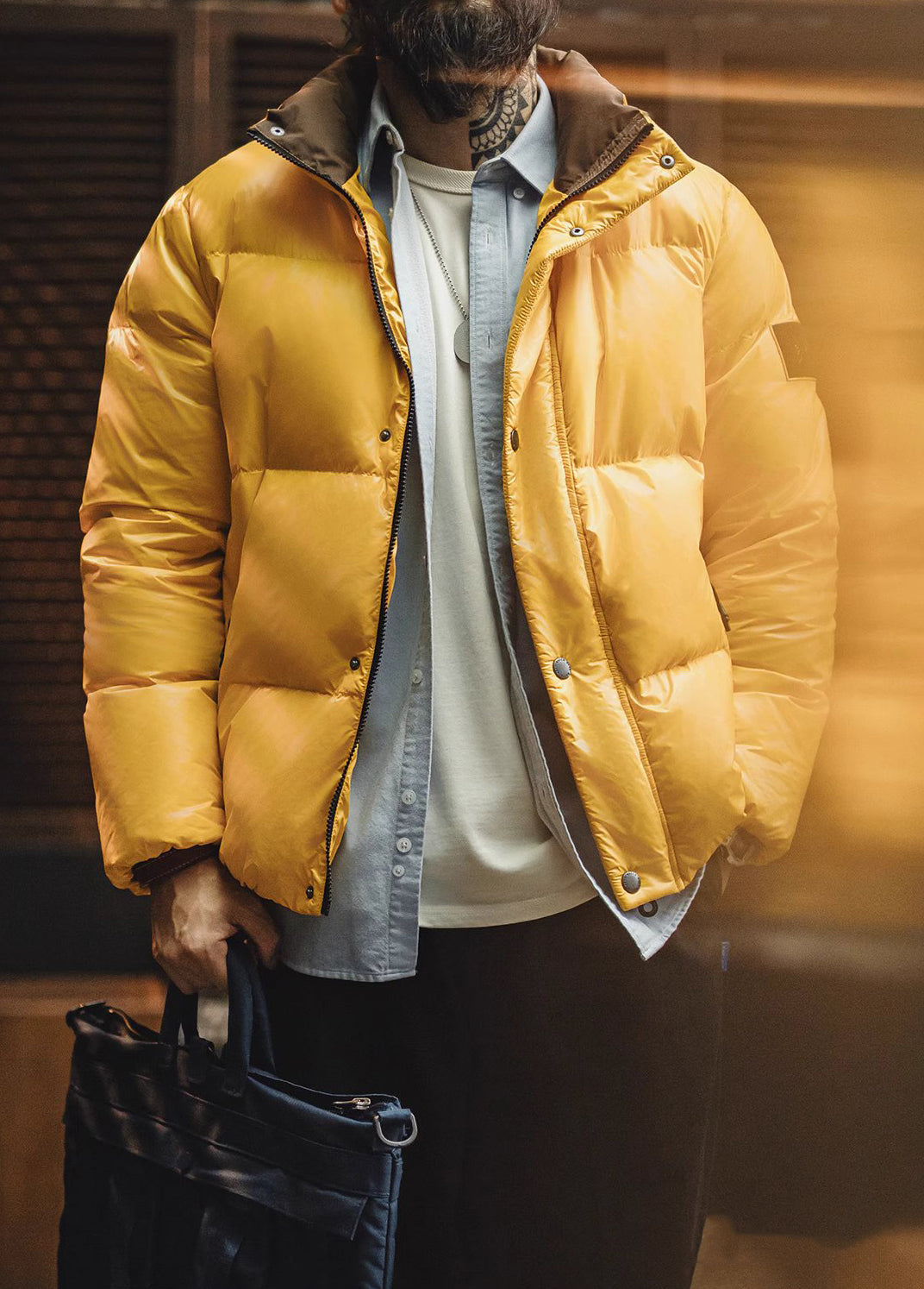 American Retro 90 White Duck Down Yellow Warm Stand Collar Men's Jacket - Harmony Gallery