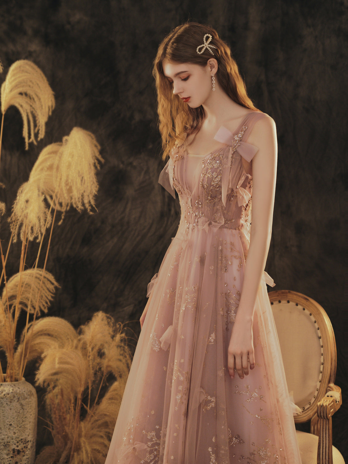 Elegant Rose Gold Glitter Tulle Evening Gown with Bow Accents - Harmony Gallery