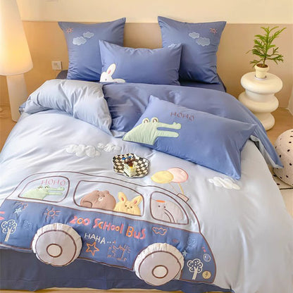 Cartoon Happy Bus Zoo School Four-Piece Pure Cotton Bed Set - Harmony Gallery