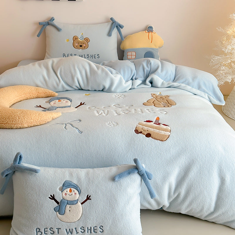 Winter Snowman Bear Thickened Cashmere Four-Piece Warm Milk Velvet Bed Set - Harmony Gallery
