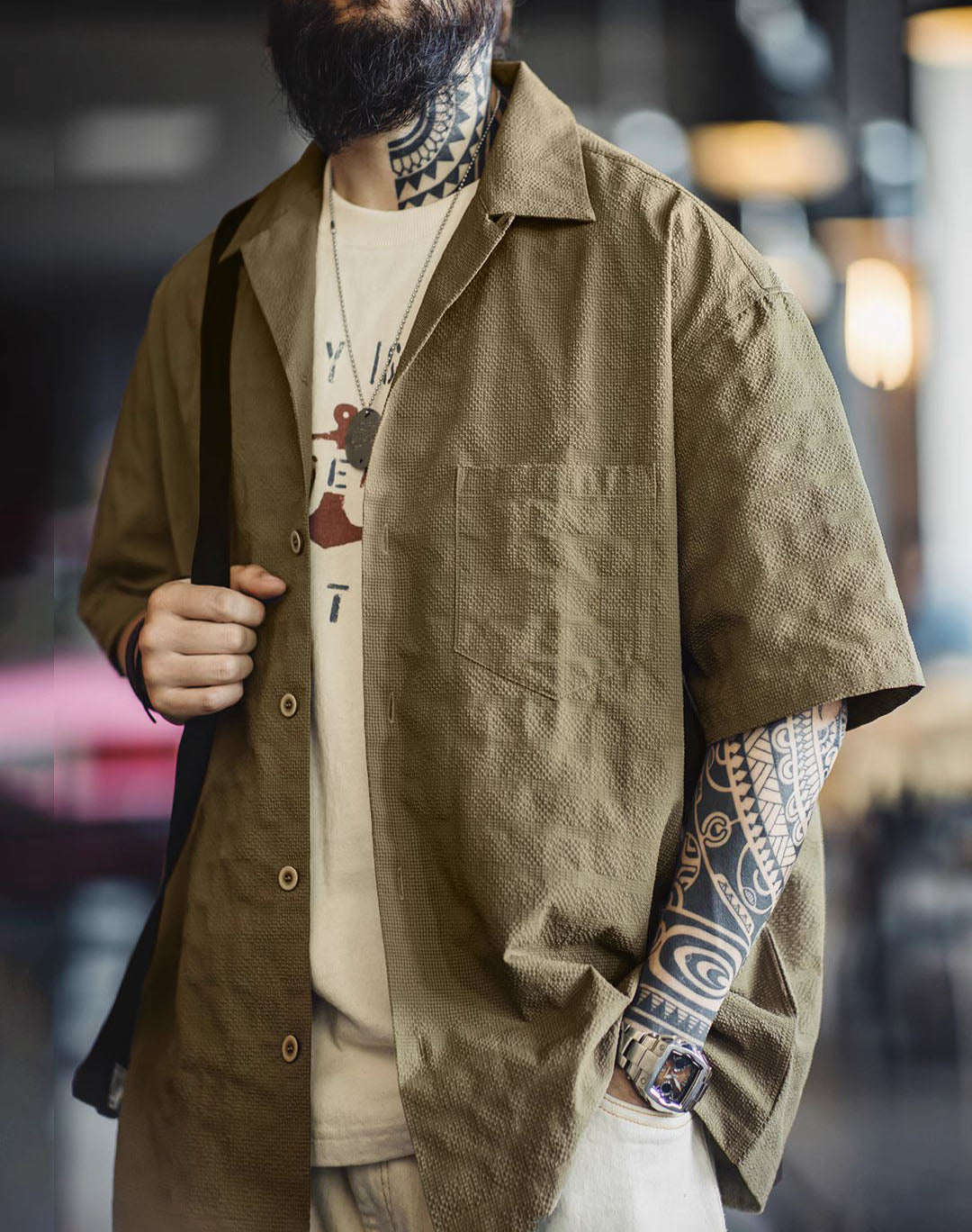 American Workwear Pleated Texture Woven Jacquard Men's Shirt - Harmony Gallery