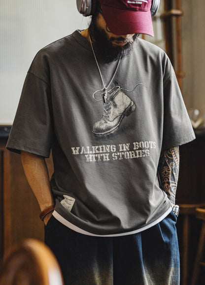 American Retro Print Distressed Loose Gray Brushed Daily Men's T-Shirt