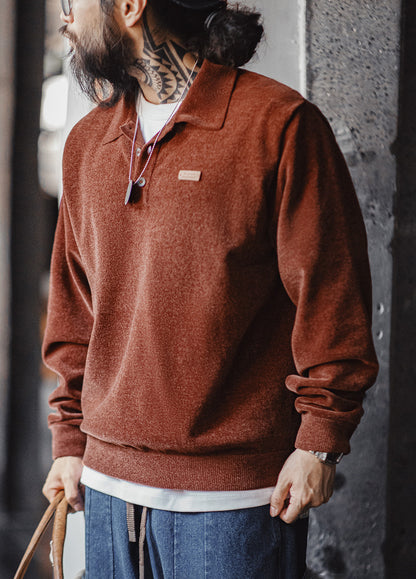 American Retro Chenille Half-Open Polo Loose Lapel Pullover Men's Sweater - Harmony Gallery