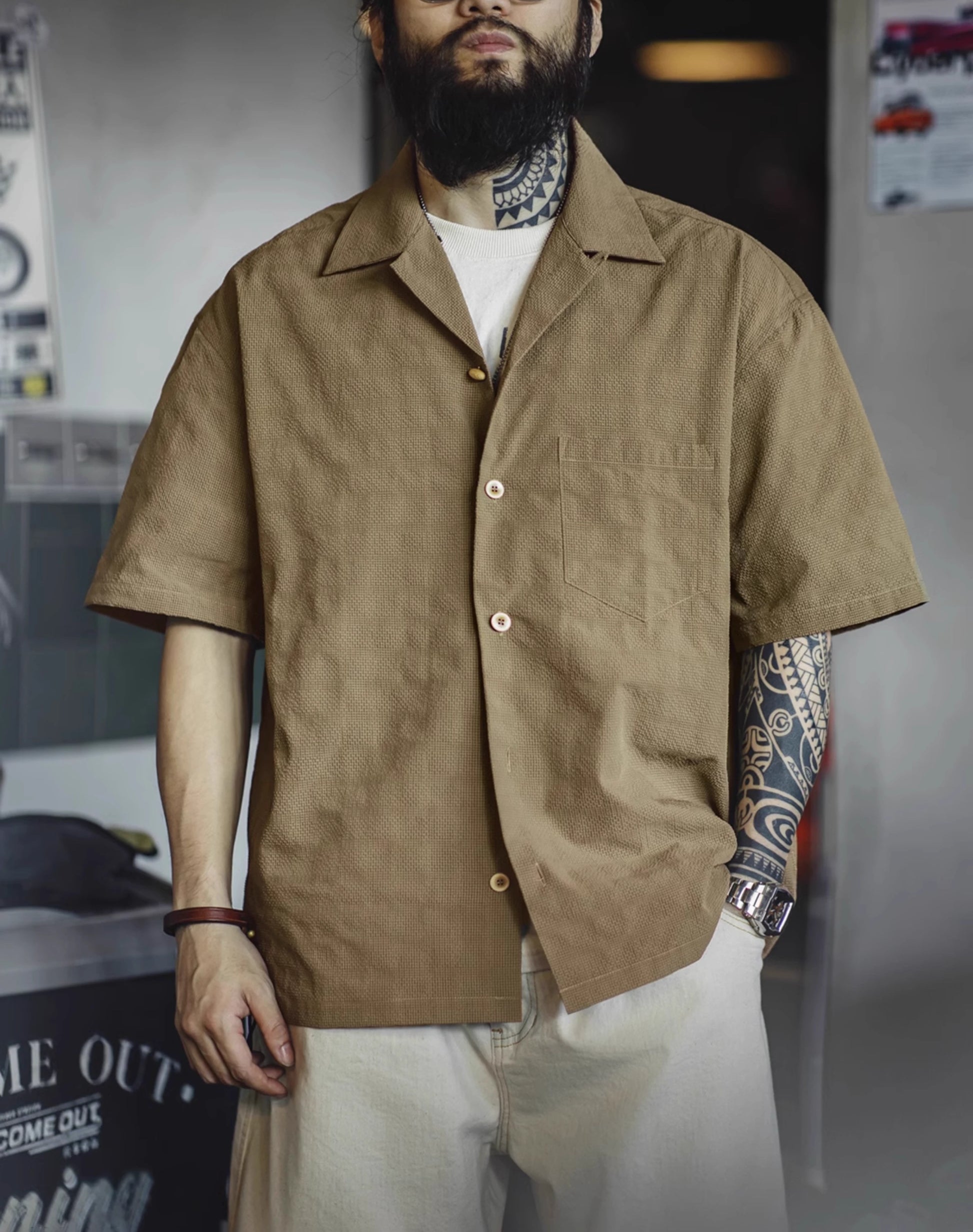 American Workwear Pleated Texture Woven Jacquard Men's Shirt - Harmony Gallery
