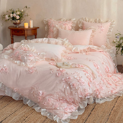 French Romantic Girly Four-Piece Thickened Coral Fleece Warm Bed Set - Harmony Gallery