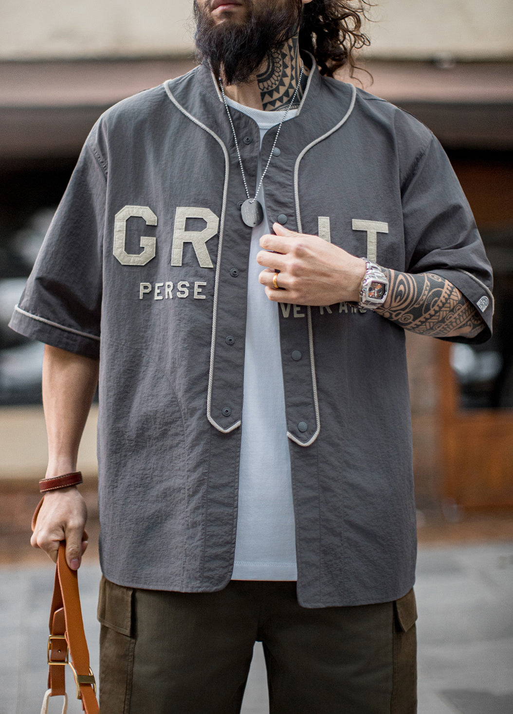 American Casual GRIT Baseball Uniform Patch Embroidered Gray Thin Men's Shirt - Harmony Gallery