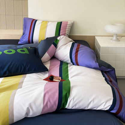 Nordic Simple Contrast Stripes Four-Piece Satin Pure Cotton Bed Set - Harmony Gallery