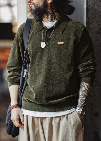 American Retro Chenille Half-Open Polo Loose Lapel Pullover Men's Sweater - Harmony Gallery
