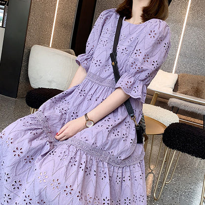 French Lavender Purple Sweet Puff Loose Women's Dress - Harmony Gallery