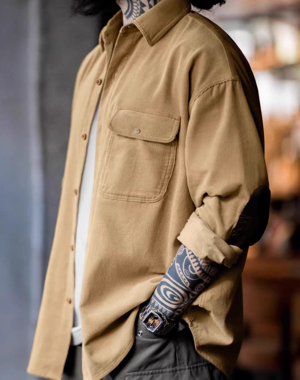 American Retro Workwear Corduroy Stitching Pure Cotton Men's Shirt - Harmony Gallery