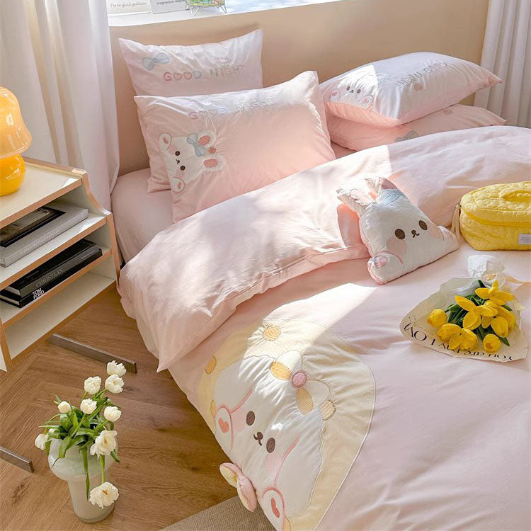 Cute Girly Bear Cub Washed Four-Piece Pure Cotton Bed Set - Harmony Gallery