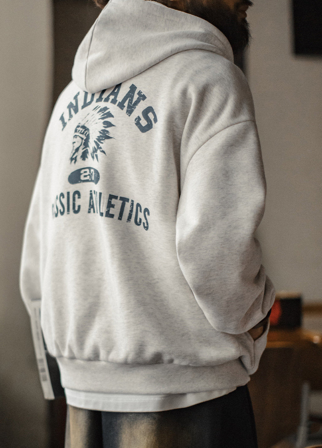 American White Flower Gray Hooded Pullover Fleece-Lined Men's Sweater - Harmony Gallery