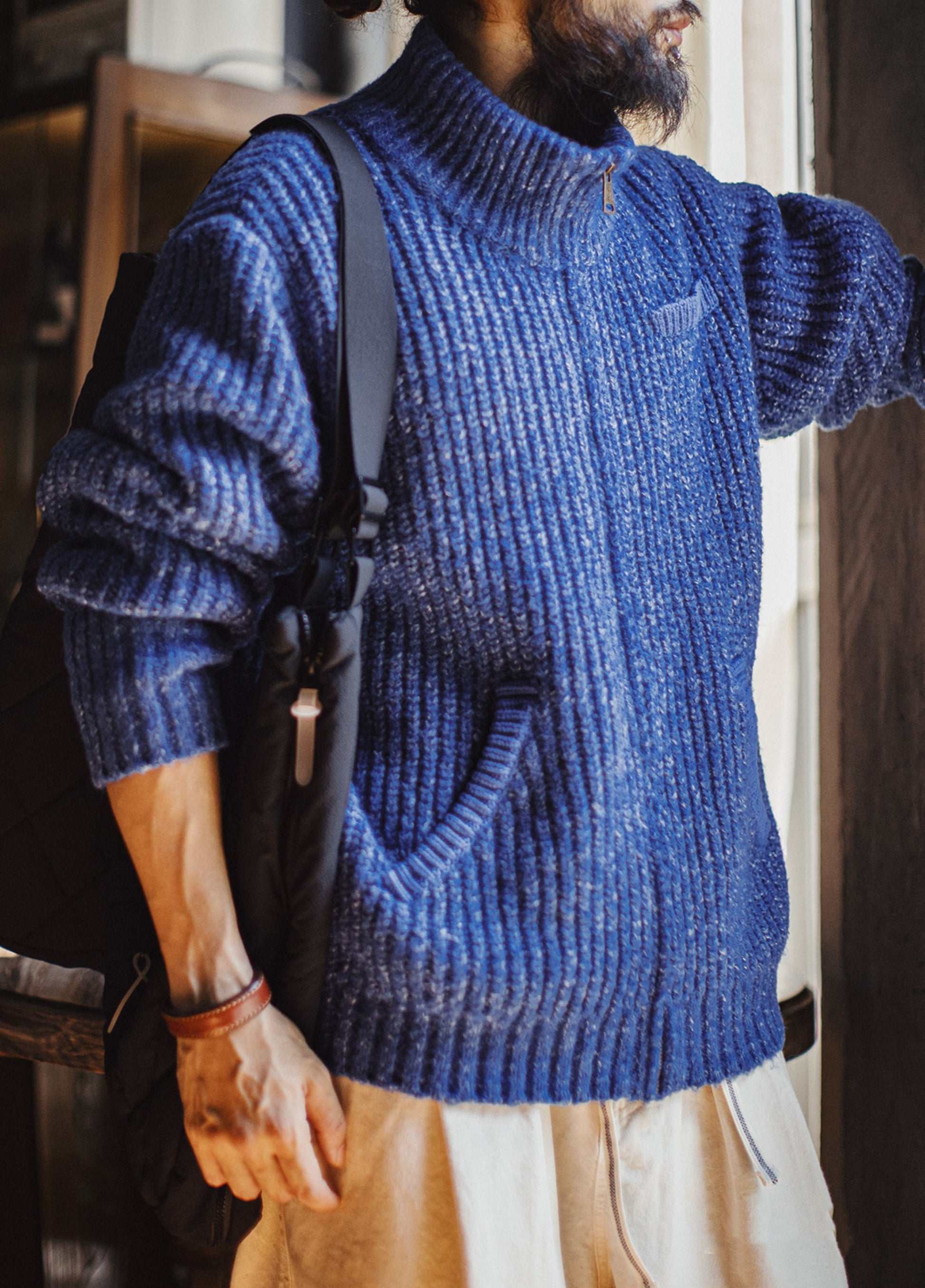 American Ice Blue Cardigan Thick High Neck Warm Knitwear Winter Men's Jacket - Harmony Gallery