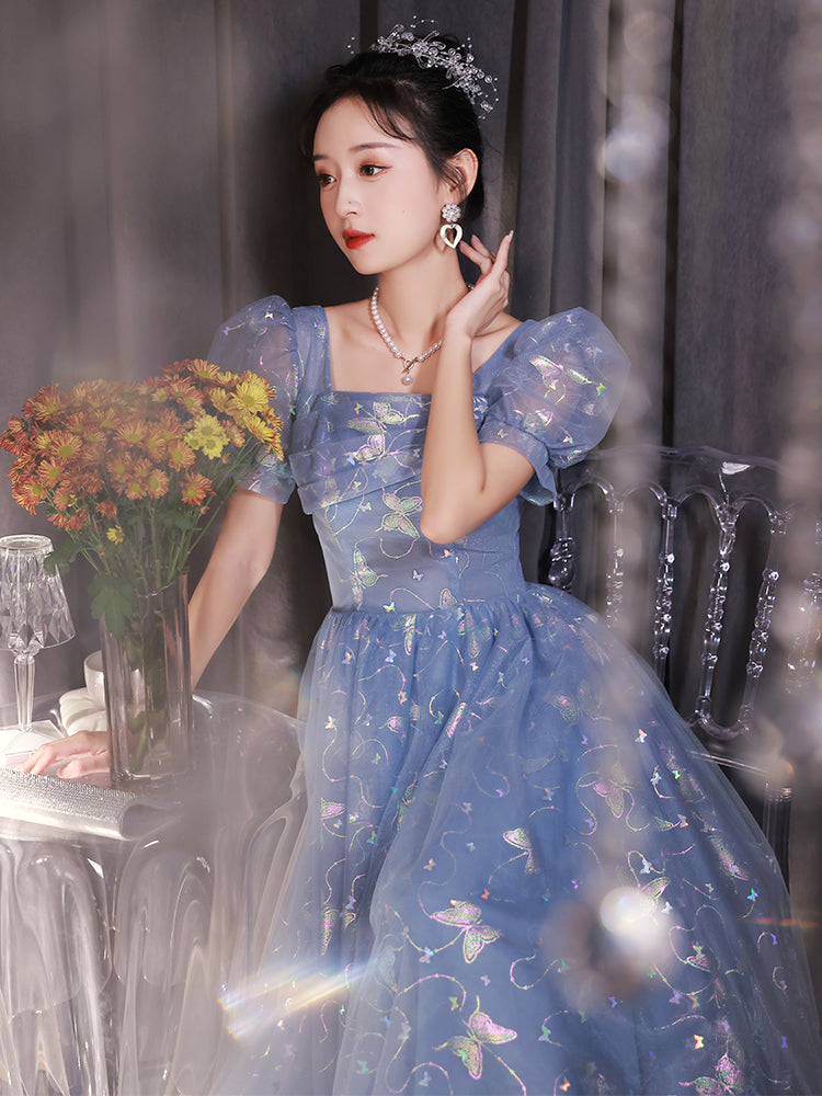 Enchanting Blue Butterfly Embroidered Tulle Evening Gown with Puff Sleeves - Harmony Gallery