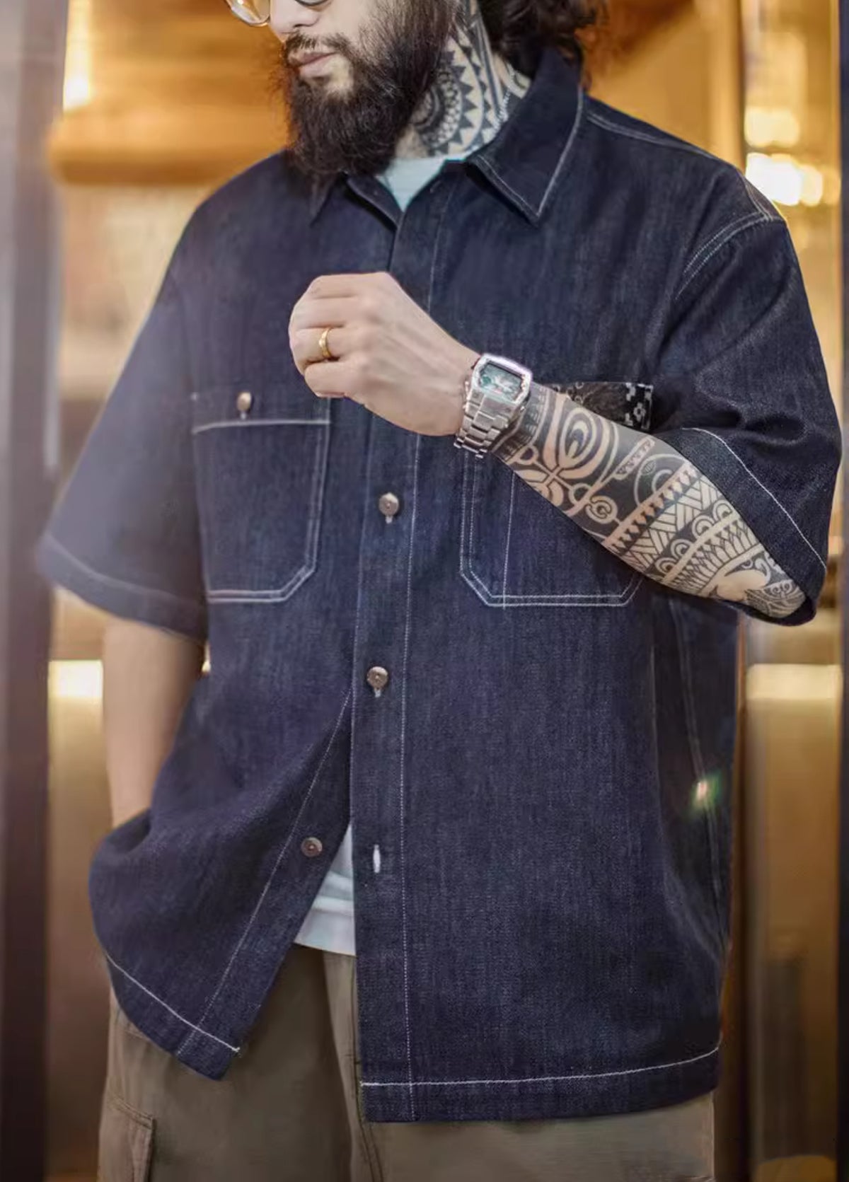 American Retro Boro Denim Resurgence Blue Dye Lapel Men's Shirt - Harmony Gallery