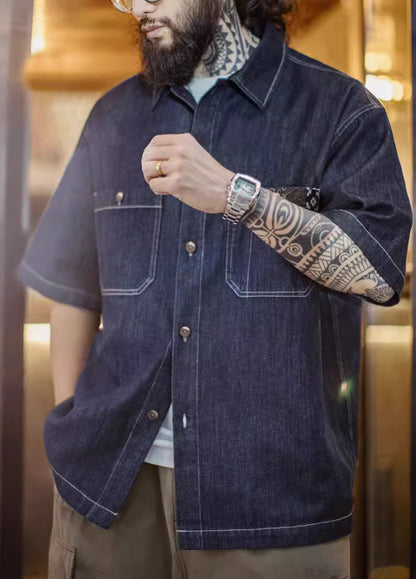 American Retro Boro Denim Resurgence Blue Dye Lapel Men's Shirt - Harmony Gallery