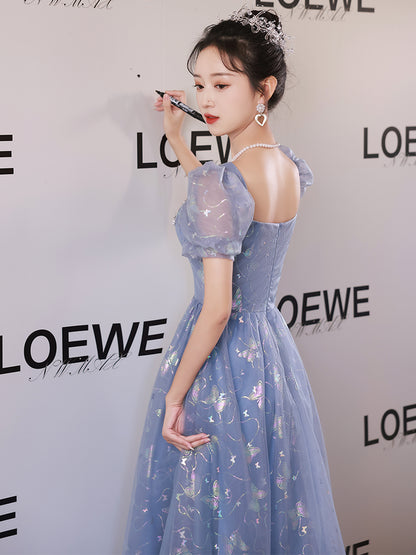Enchanting Blue Butterfly Embroidered Tulle Evening Gown with Puff Sleeves - Harmony Gallery