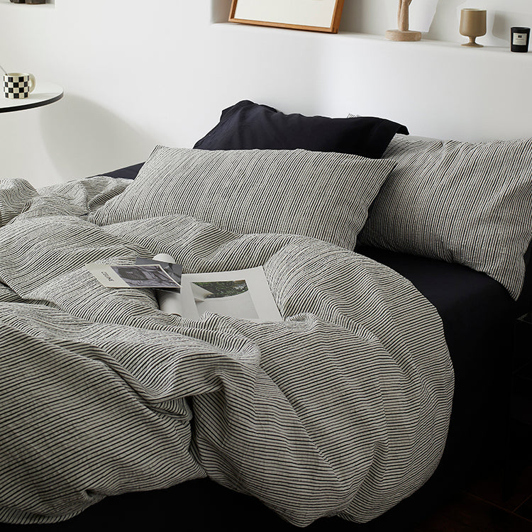 Premium Black and White Striped Textured Bedding Pure Cotton Four-Piece Bed Set - Harmony Gallery