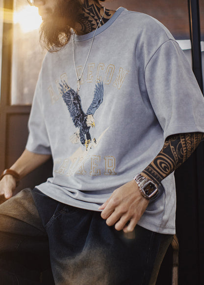 American Retro Print Distressed Batik Blue Drop Shoulder Men's T-Shirt