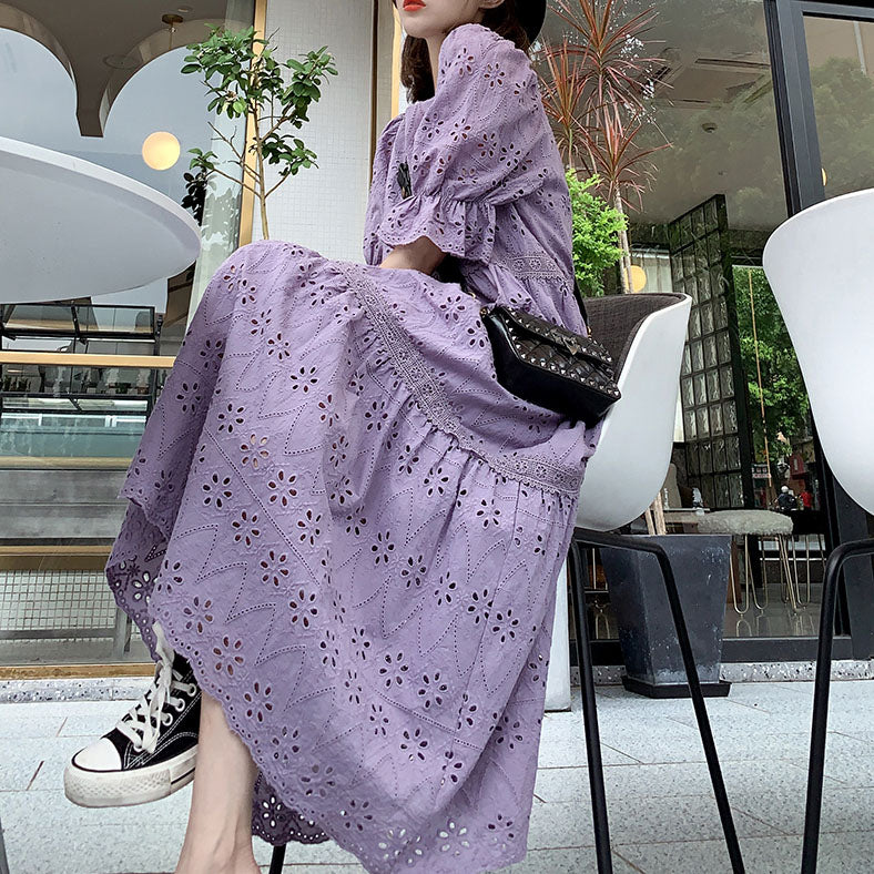 French Lavender Purple Sweet Puff Loose Women's Dress - Harmony Gallery