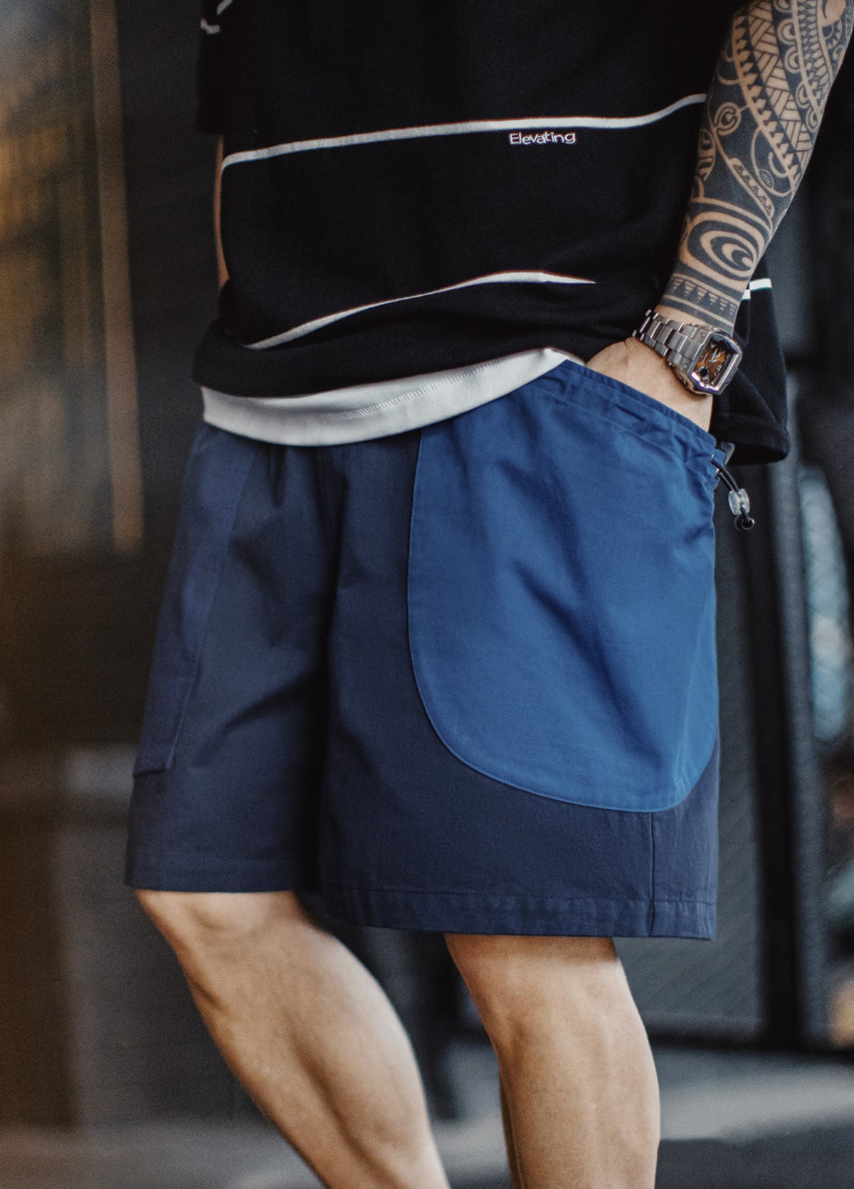 American Patchwork Navy Blue Pure Cotton Juvenile Silhouette Men's Shorts - Harmony Gallery