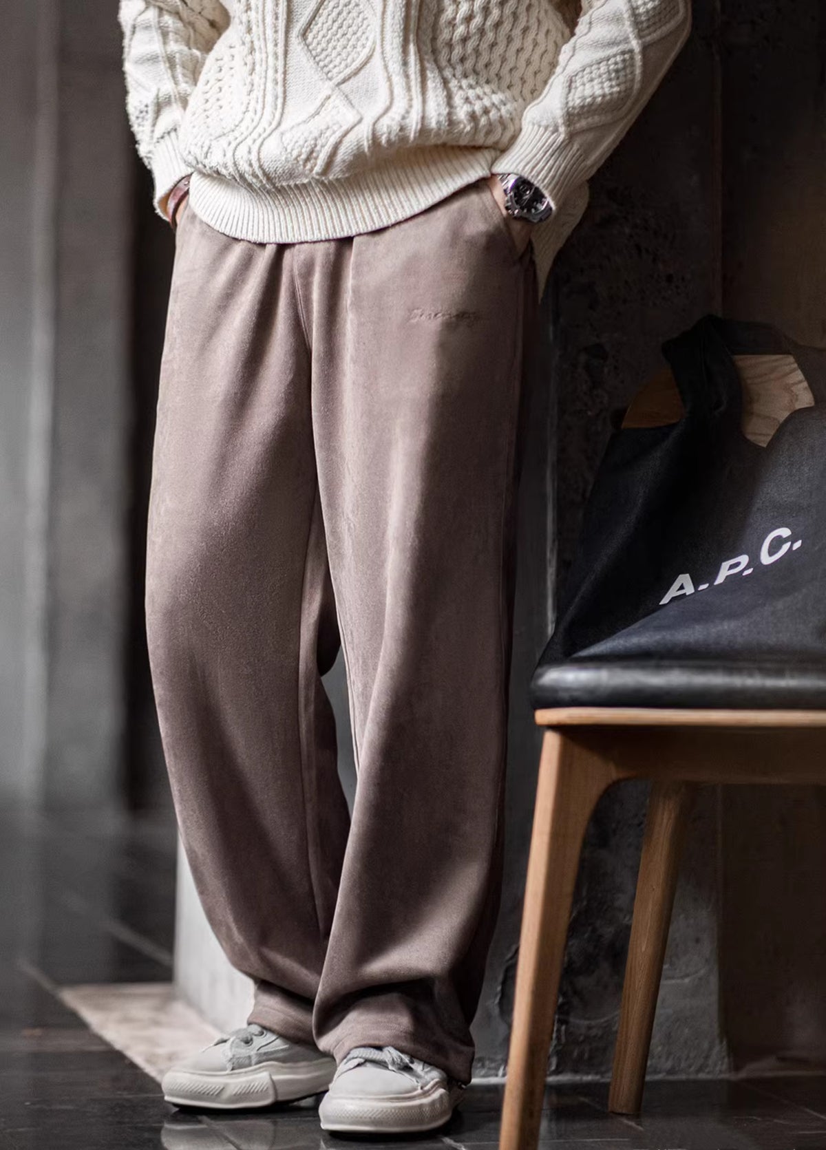 American Brushed Suede Sweatpants Lazy Loose Drape Wide-Leg  Men's Trousers - Harmony Gallery