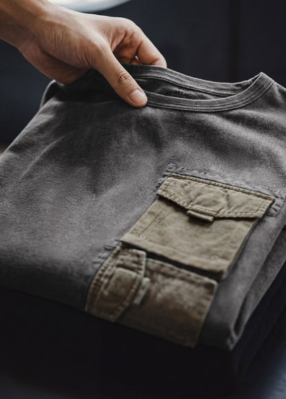 American Retro Distressed Printed Pocket Washed Pure Cotton Men's T-Shirt