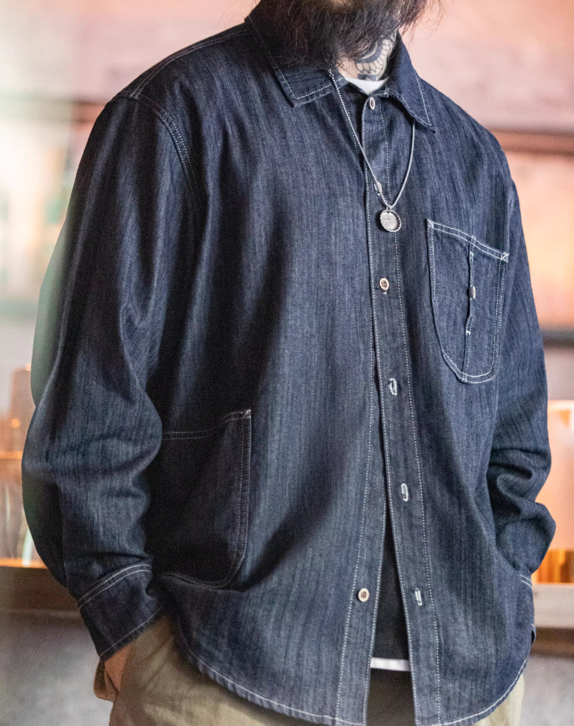 American Retro Washed Denim Big Pocket Loose Men's Shirt - Harmony Gallery