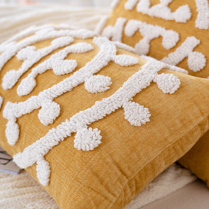 Golden Elegance Tassel Accent White Embroidered Scrollwork Throw Pillows - Harmony Gallery