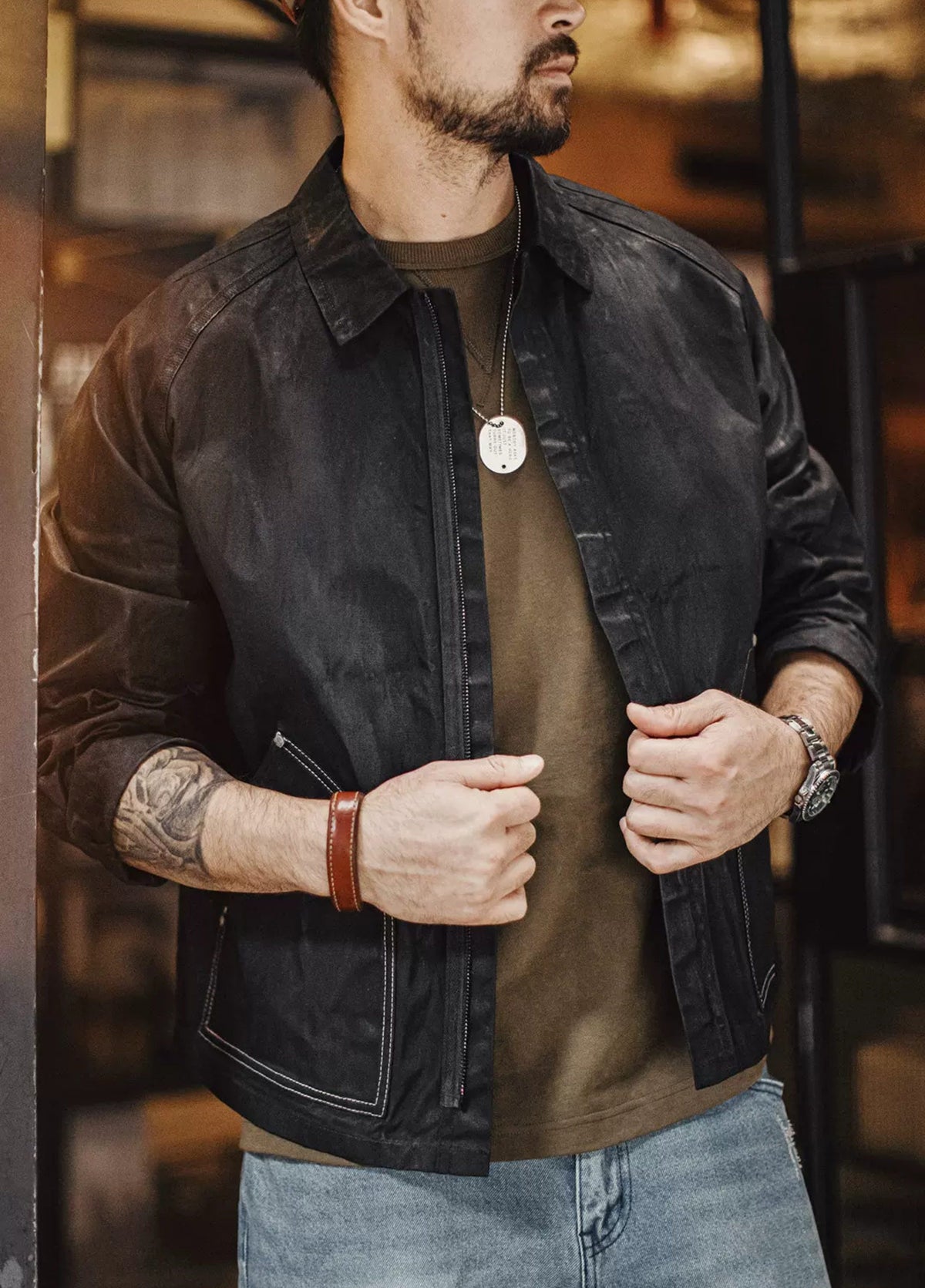 American Lack Wax Color Blocked Bright Stitching Hunting Short Rugged Men's Jacket