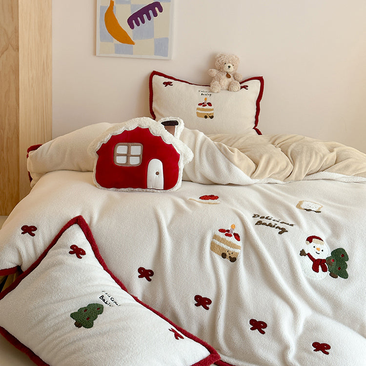 Winter Creamy Cake Snowman Thickened Cashmere Four-Piece Fleece Bed Set - Harmony Gallery