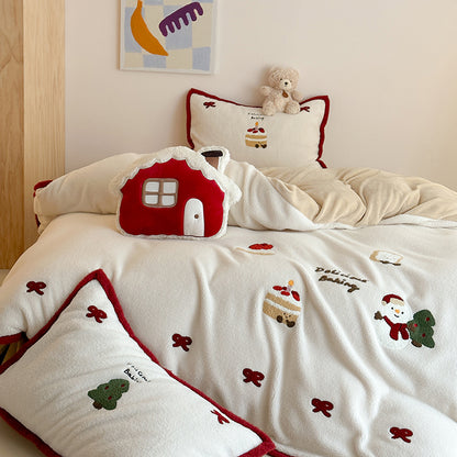 Winter Creamy Cake Snowman Thickened Cashmere Four-Piece Fleece Bed Set - Harmony Gallery
