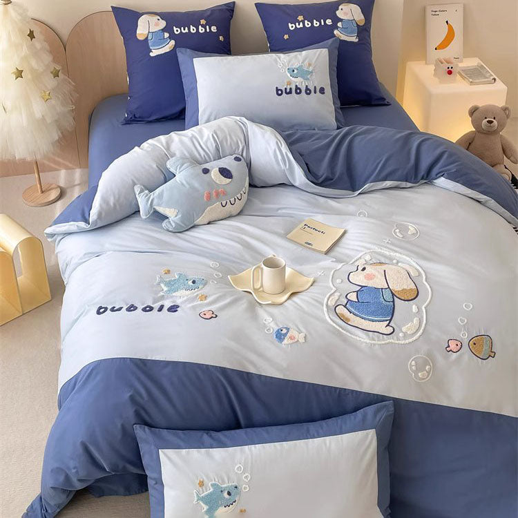 Cute Cartoon Bubble Shark Washed Four-Piece Pure Cotton Bed Set - Harmony Gallery
