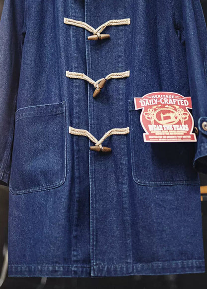 American Horn Button Hooded Windbreaker Mid-Length Denim Men's Coat