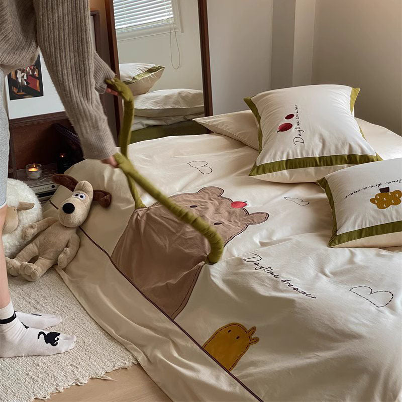 Cartoon Apple Hugging Bear Thickened Brushed Four-Piece Bed Set - Harmony Gallery