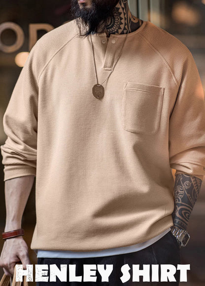 American Retro Waffle Knitted Henry Loose Raglan Half-Open Men's Sweater - Harmony Gallery