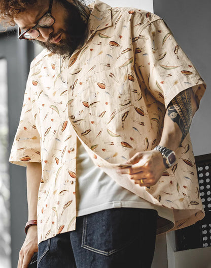 Retro Fishing Bait Painted Cotton Hawaiian Half-Sleeved Men's Shirt - Harmony Gallery