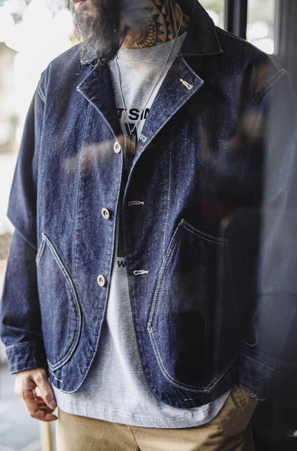 French Workwear Retro Washed Denim Blue Cuban Men's Jacket - Harmony Gallery