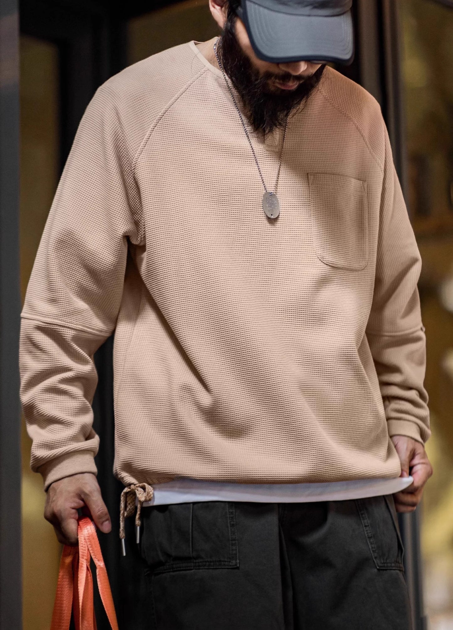 American Retro Waffle Knitted Henry Loose Raglan Half-Open Men's Sweater - Harmony Gallery
