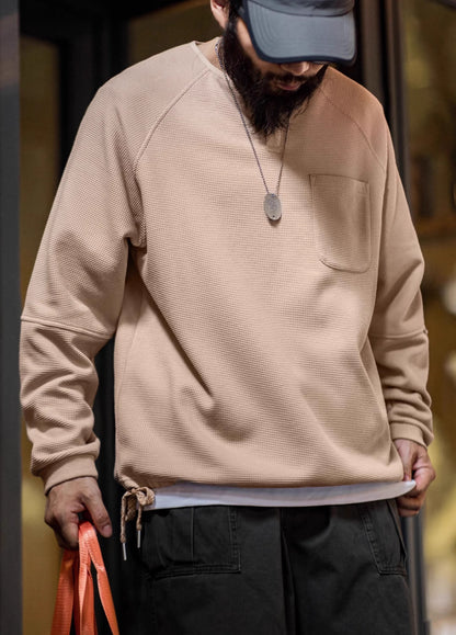 American Retro Waffle Knitted Henry Loose Raglan Half-Open Men's Sweater - Harmony Gallery