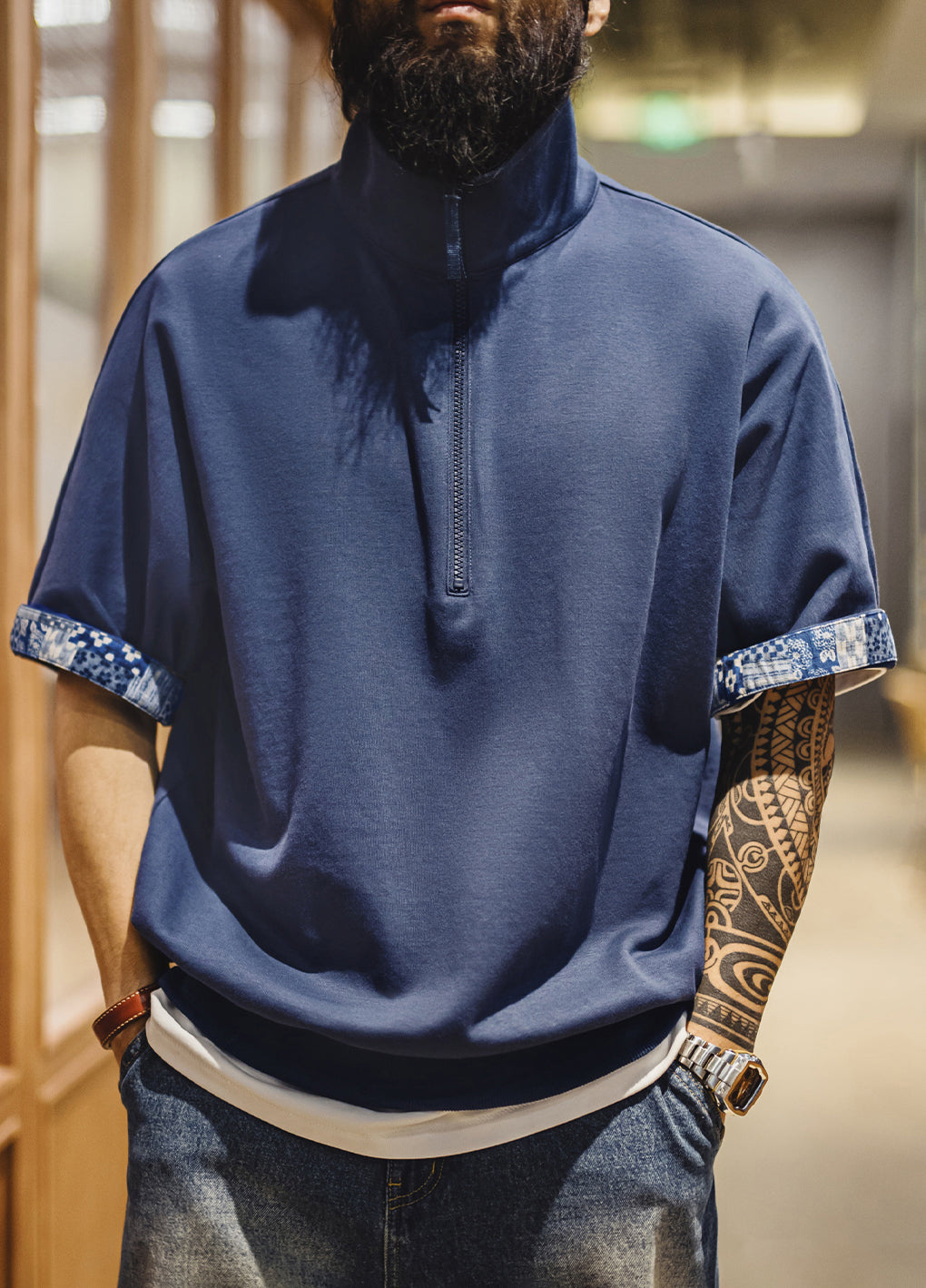 American Casual Retro Half-Open Polo Ancient Cloth Printing Loose Men's T-Shirt - Harmony Gallery