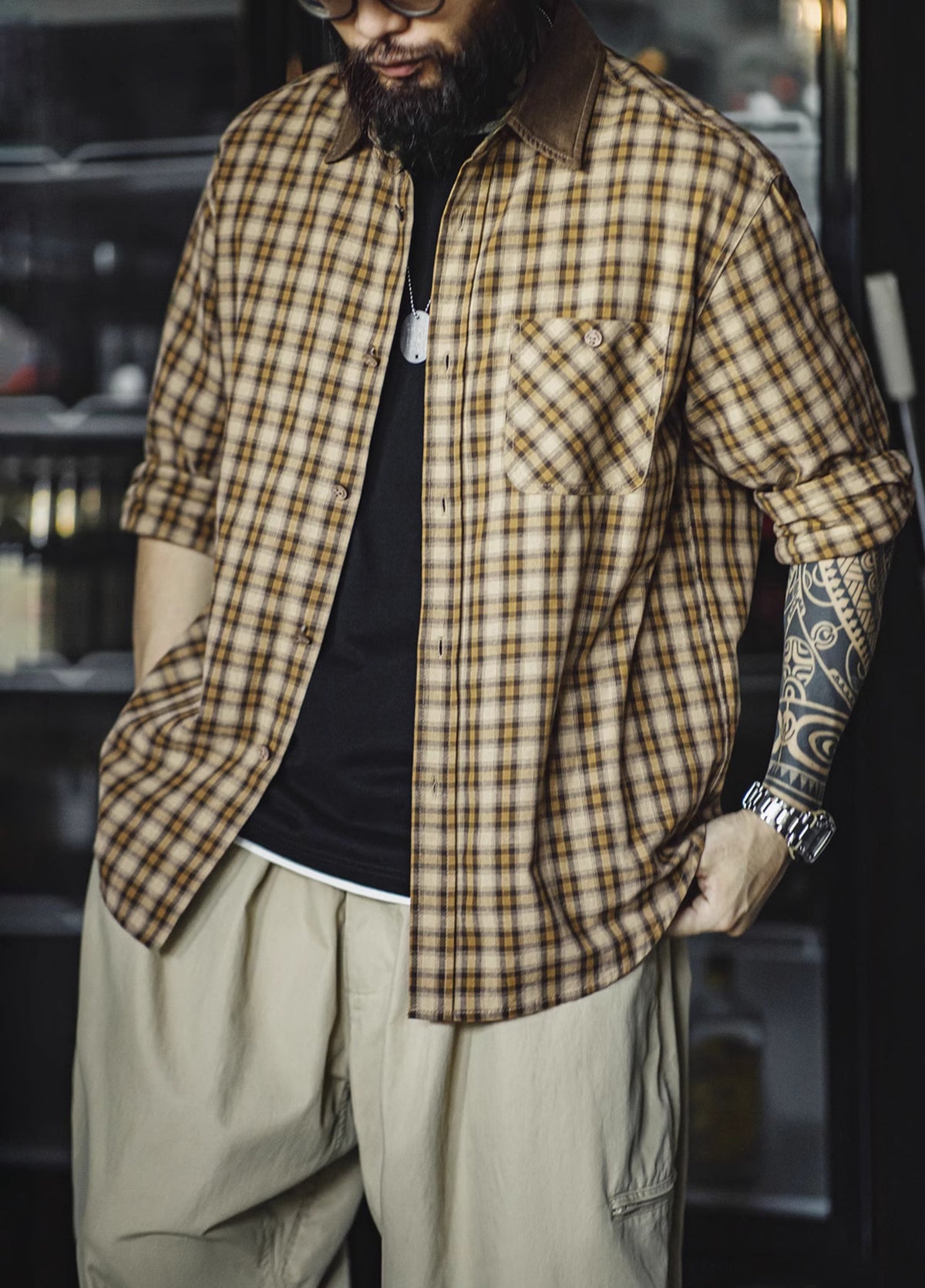 American Retro Workwear Scottish Plaid Corduroy Splicing Men's Shirt - Harmony Gallery