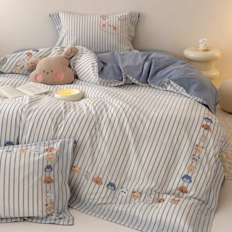 Cartoon Cute Animal Park Washed Four-Piece Pure Cotton Bed Set - Harmony Gallery