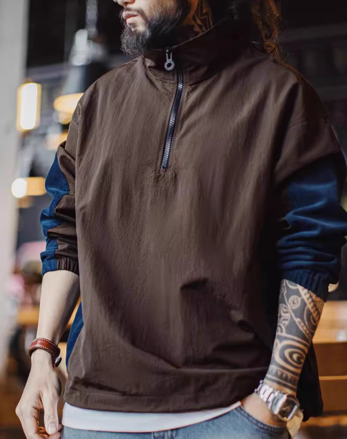 American Retro Stitching Half-Zipper Contrast Color Corduroy Pleated Men's Sweater - Harmony Gallery