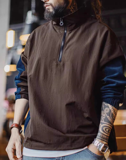 American Retro Stitching Half-Zipper Contrast Color Corduroy Pleated Men's Sweater - Harmony Gallery