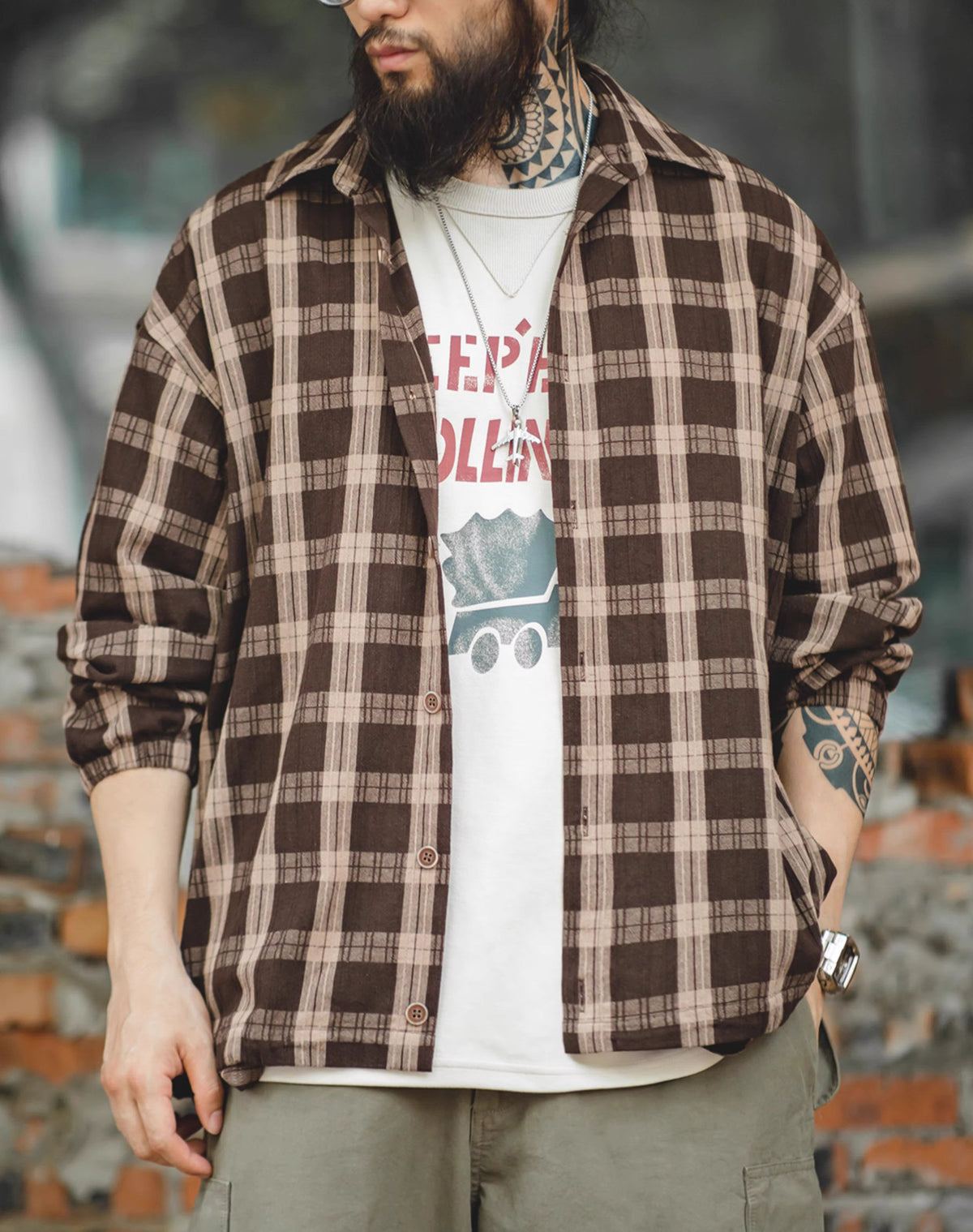American Retro Plaid Texture Sense Drawstring Loose Men's Shirt - Harmony Gallery