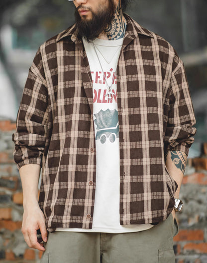 American Retro Plaid Texture Sense Drawstring Loose Men's Shirt - Harmony Gallery