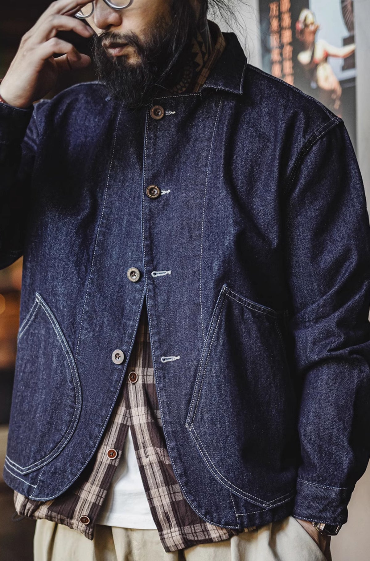 French Workwear Retro Washed Denim Blue Cuban Men's Jacket - Harmony Gallery