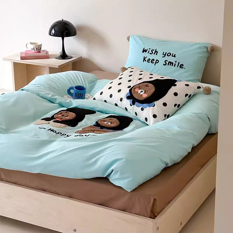 Cute Cartoon Bear Embroidered Washed Four-Piece Cotton Bed Set - Harmony Gallery
