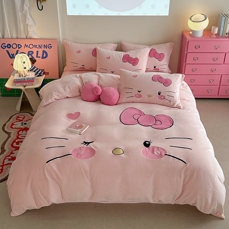 Children's Hello Kitty Little Milk Fleece Cartoon Winter Four-Piece Bed Set - Harmony Gallery